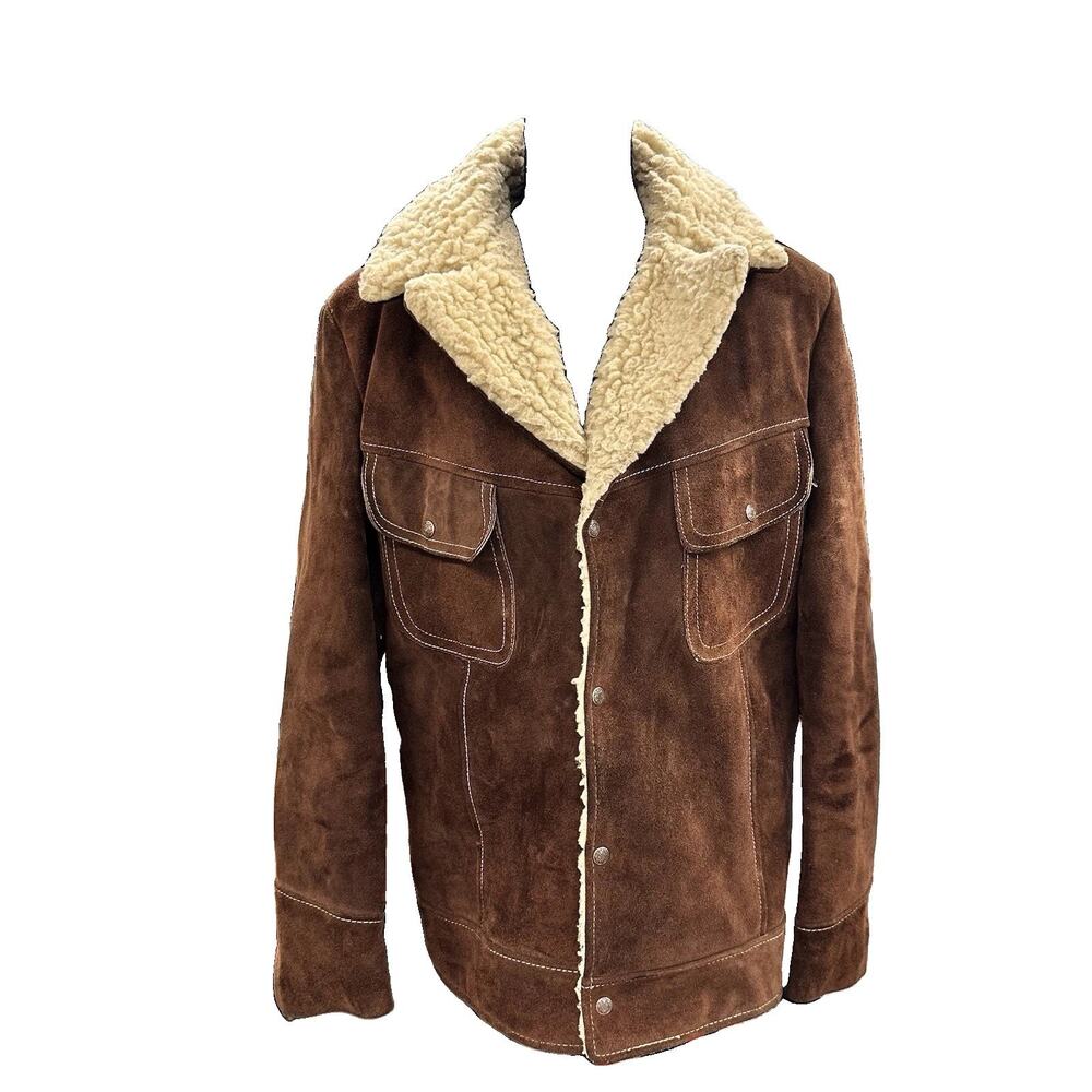 70s Towncraft Suede Sherpa Jacket Size 40 Long Brown Western Rancher Yellowstone
